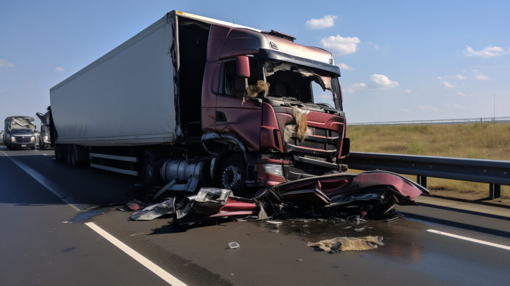 Photo of the damaged truck after an accident on the highway. Tempe Commercial Vehicle Accident Lawyers