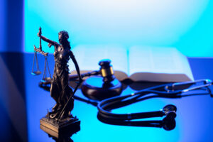 Filing a Medical Malpractice Claim in Ontario, CA 5 Medical malpractice law concept. Gavel, Themis, legal code and stethoscope on the glass table. Blue light.