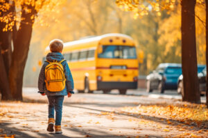 Little boy walking towards yellow school bus. Education and learning in school. Plano Bus Accident Lawyers