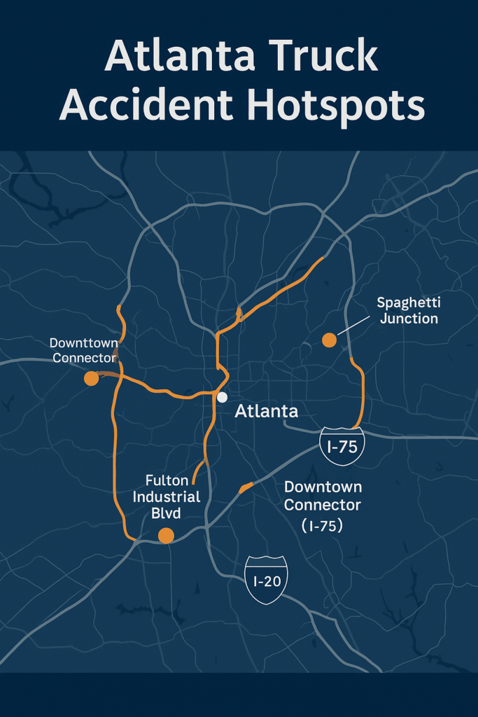 Map infographic showing Atlanta truck accident hotspots, including I-285 (The Perimeter), Downtown Connector (I-75/I-85), I-20, Spaghetti Junction (Tom Moreland Interchange), and Fulton Industrial Boulevard, labeled as high-risk trucking corridors.