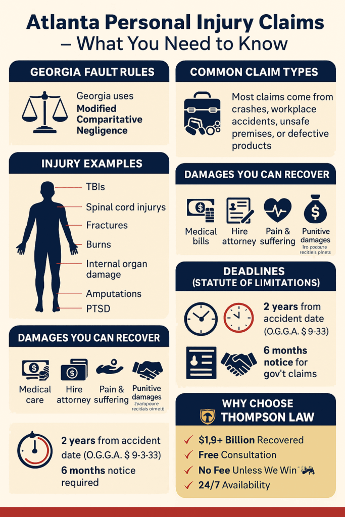 Complete Guide to Atlanta Personal Injury Claims 2 Infographic showing the step-by-step Atlanta personal injury claims process, including medical treatment, hiring a lawyer, investigation, demand package, negotiation, lawsuit filing, and trial or settlement.