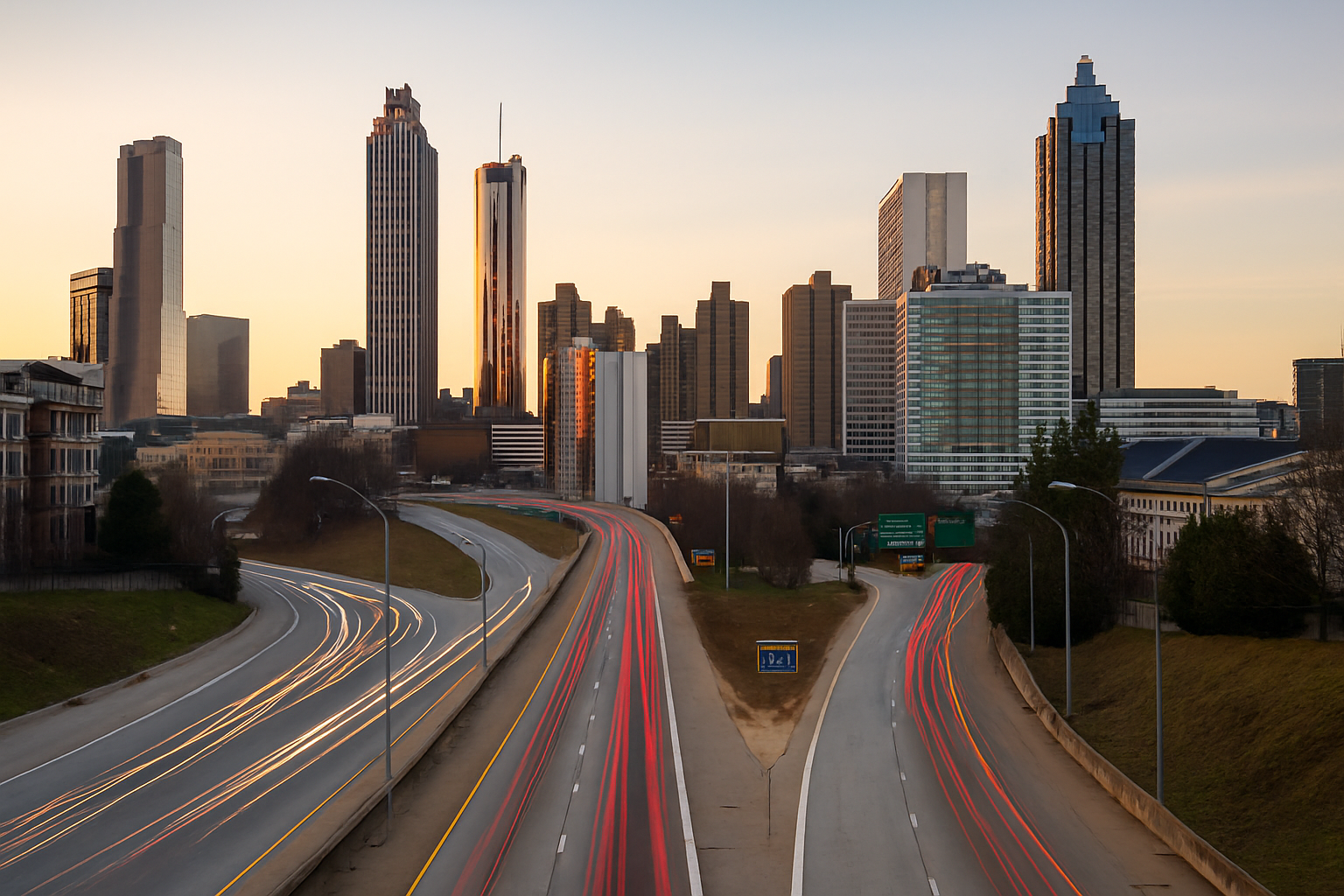 Atlanta skyline with traffic on I-75/I-85 at sunset, symbolizing personal injury claims process in Georgia