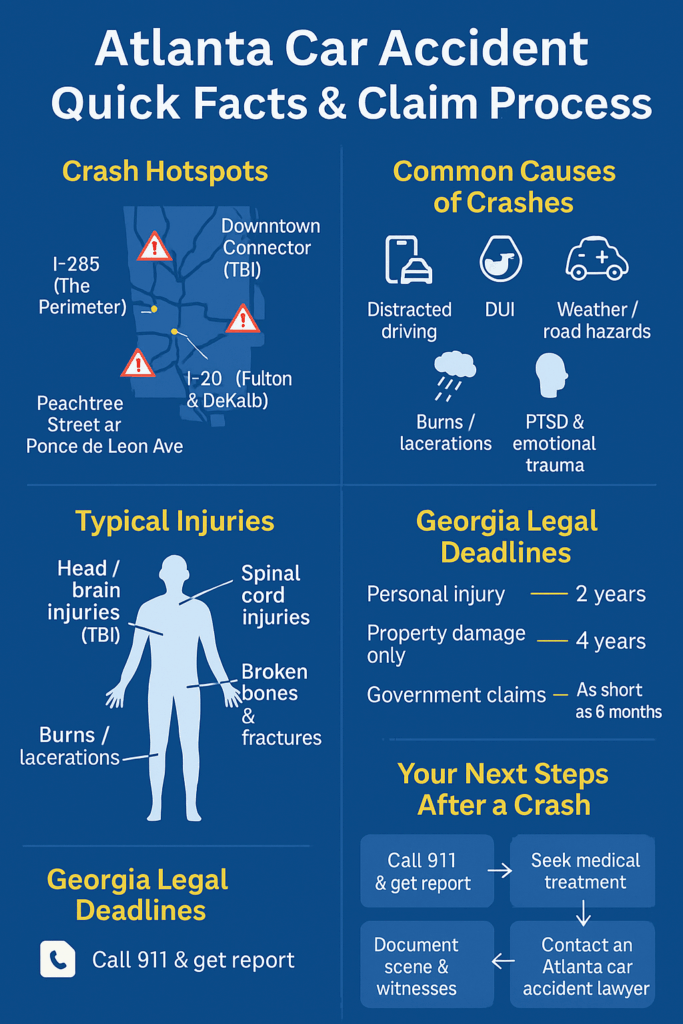 Infographic showing Atlanta car accident statistics, common causes like distracted driving and speeding, high-risk crash locations such as I-285 and the Downtown Connector, common injuries, and legal steps after a crash.