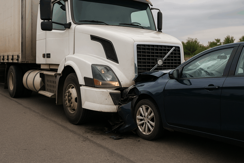 Atlanta Truck Accident Lawyer Guide: 18-Wheeler Crash Claims Explained 2 White semi-truck and dark sedan collide on an Atlanta highway, showing front-end damage and deployed airbags. - Thompson Law Atlanta Truck Accident Lawyers