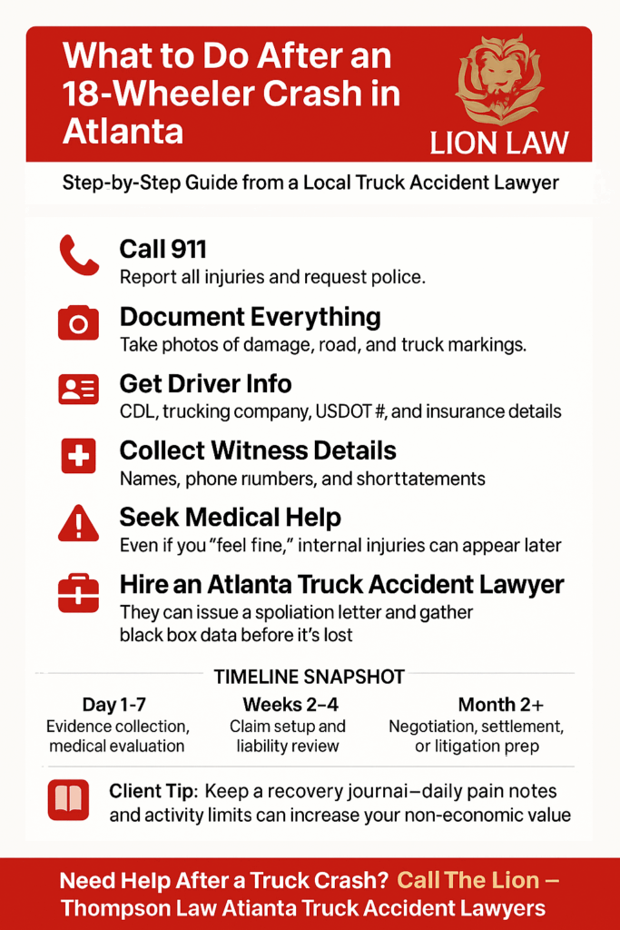 Atlanta Truck Accident Lawyer Guide: 18-Wheeler Crash Claims Explained 3 Infographic titled “What to Do After an 18-Wheeler Crash in Atlanta” showing steps to take after a truck accident, with Thompson Law’s Lion Law logo and contact CTA for Atlanta Truck Accident Lawyers.