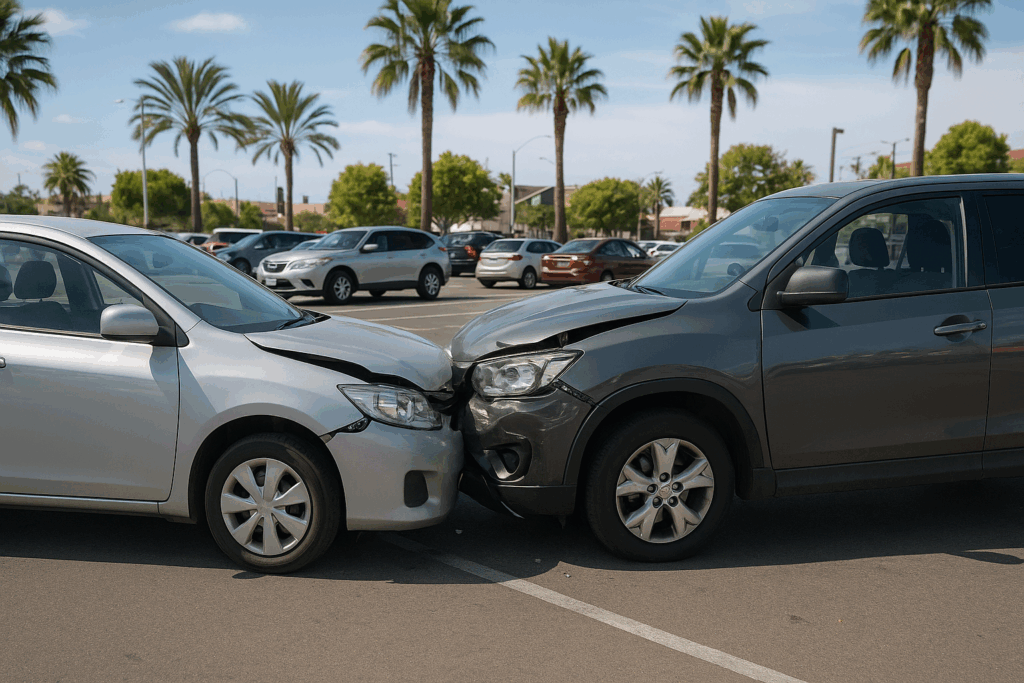 Car accident in California illustrating a 50/50 insurance claim where both drivers are equally at fault.