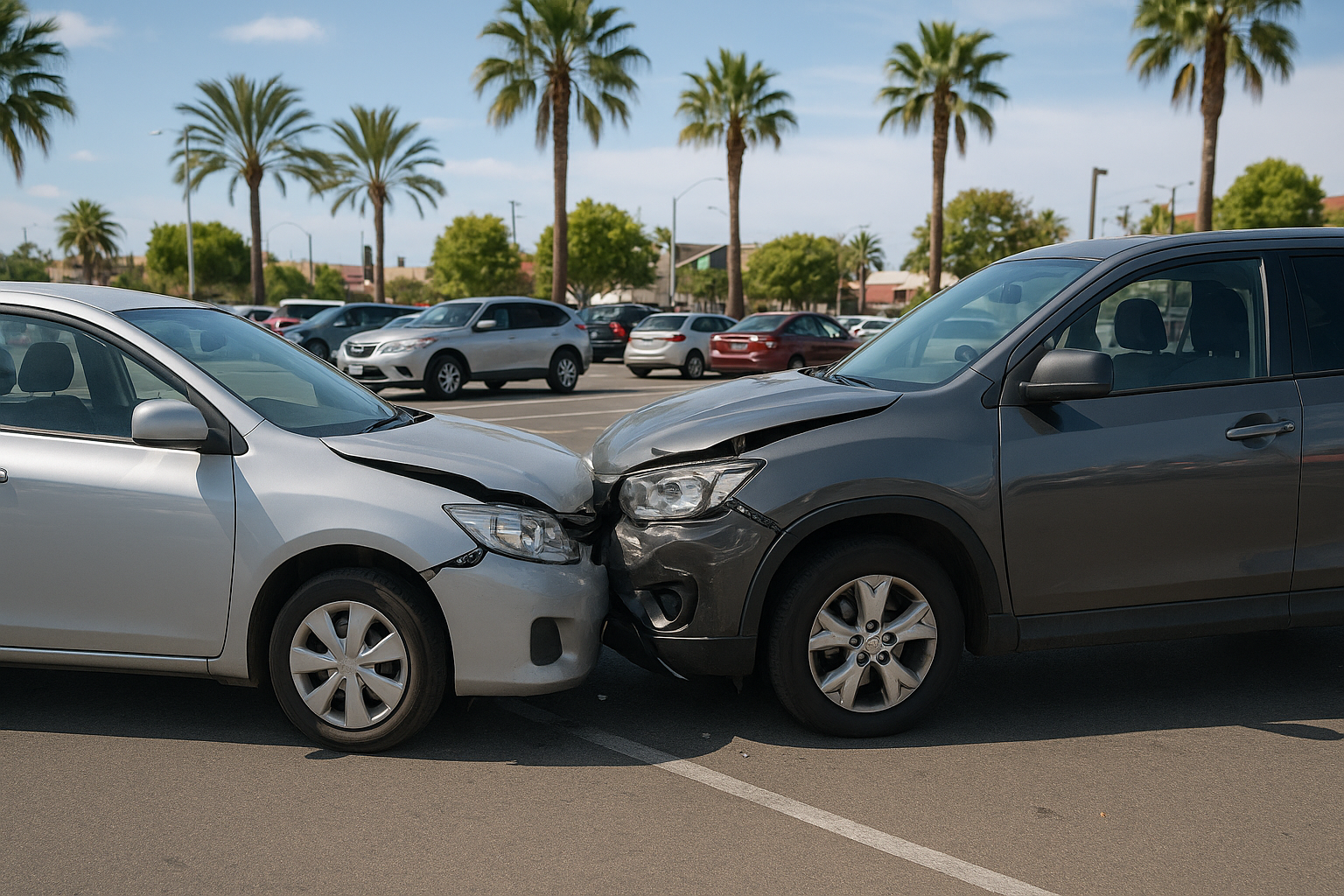 Car accident in California illustrating a 50/50 insurance claim where both drivers are equally at fault.