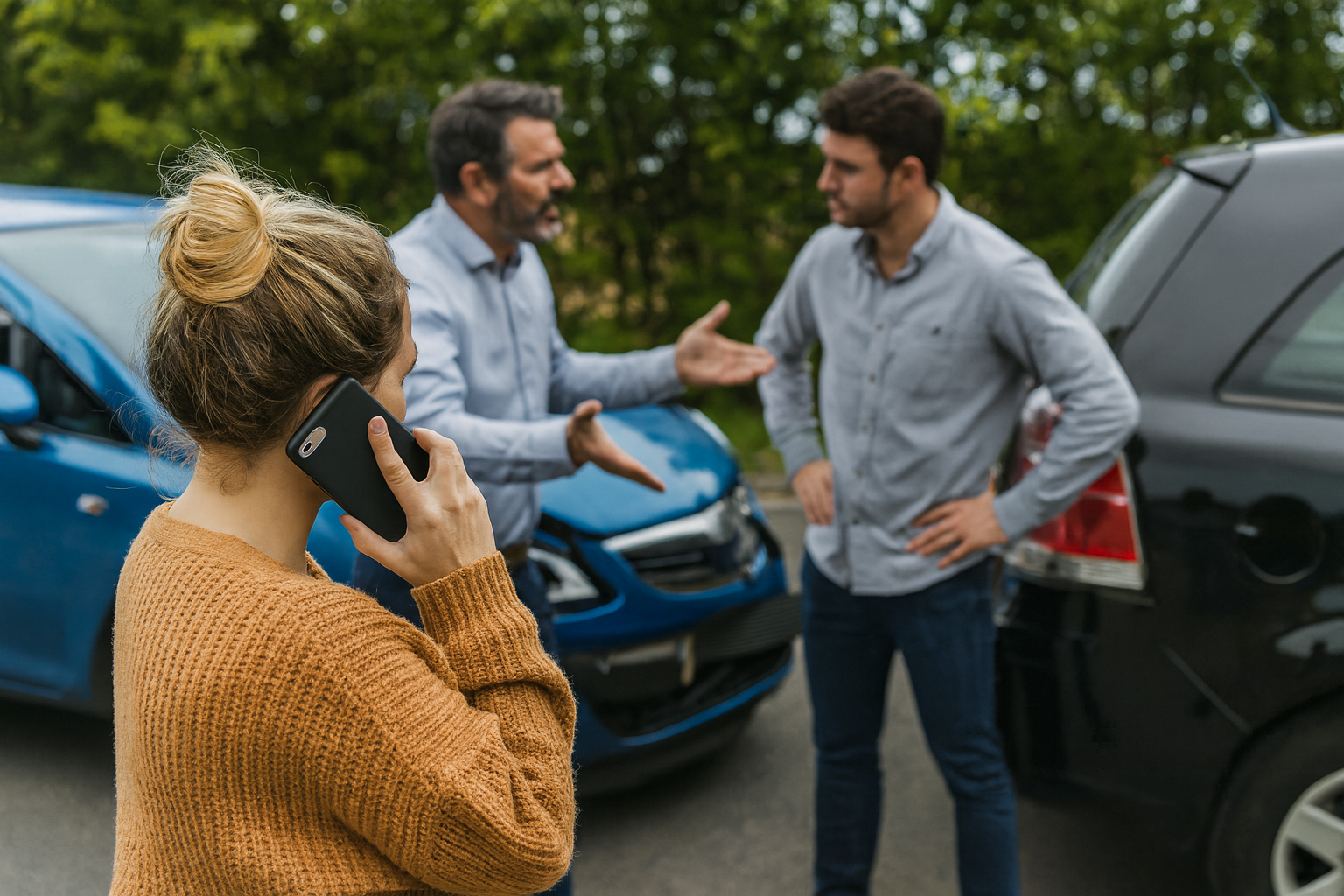 Drivers arguing after a car accident, illustrating a 50/50 insurance claim dispute in California.