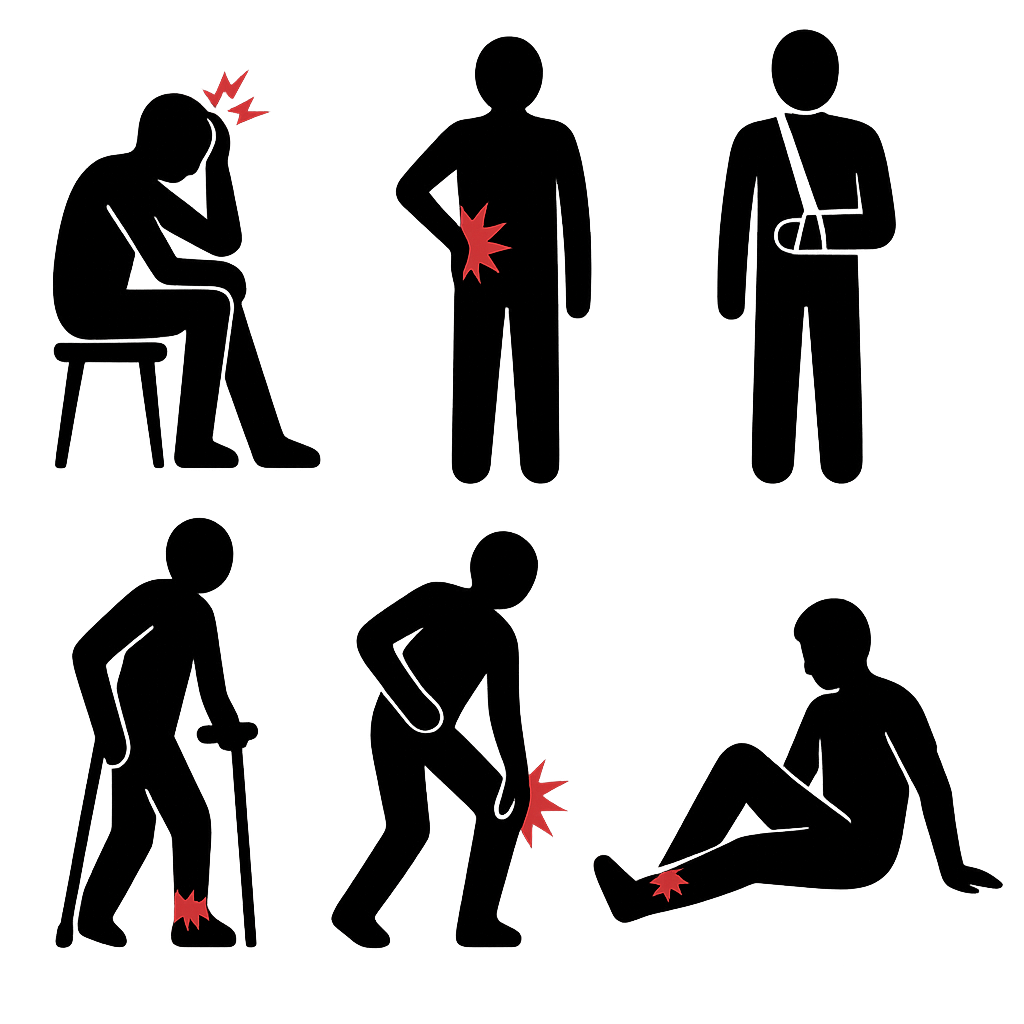 Silhouettes highlighting common bus accident injuries including head, spine, neck, shoulder, leg, and psychological trauma.