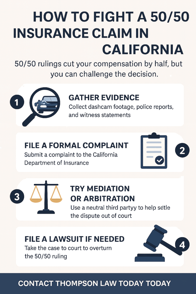 Infographic explaining how to fight a 50/50 insurance claim in California, including steps to gather evidence, file a complaint, try mediation or arbitration, and take legal action if necessary.