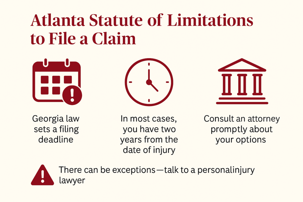 Infographic explaining Georgia’s statute of limitations for personal injury claims. Shows main deadline of two years from the date of injury under O.C.G.A. §9-3-33, with exceptions for government claims (6–12 months), wrongful death (2 years with possible tolling), and minors or disabled plaintiffs (tolling until disability ends or age 18). Includes warning banner and free case review contact for Atlanta personal injury lawyers.
