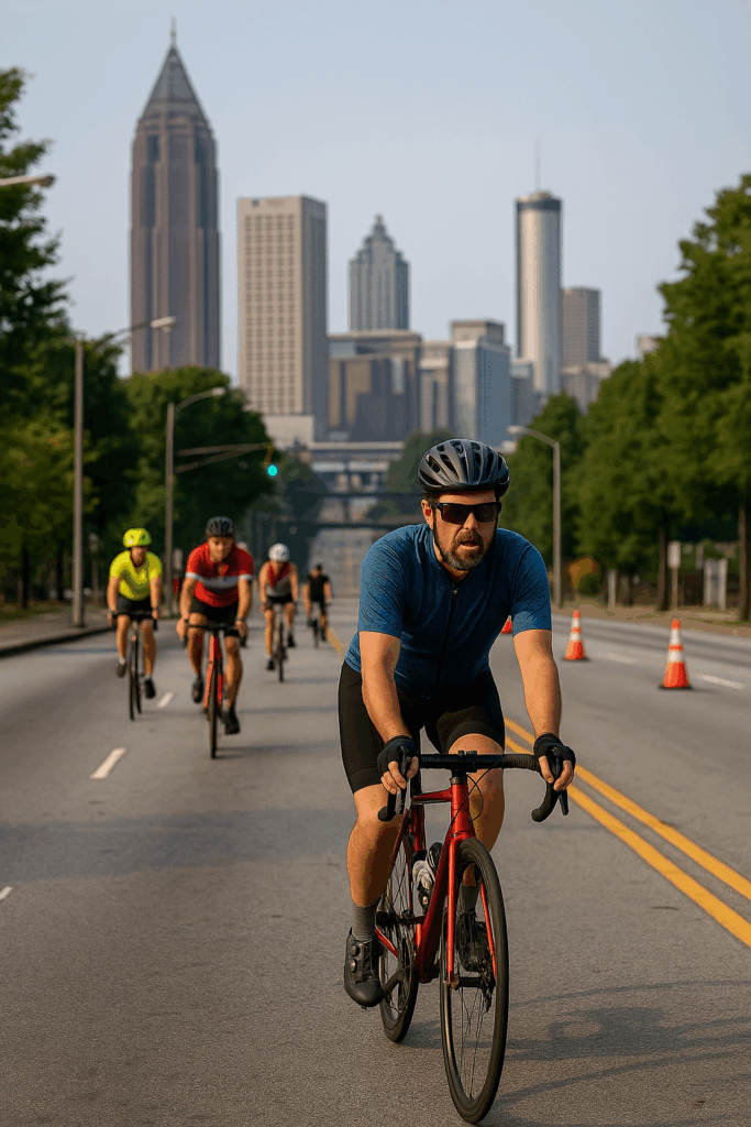 Group of cyclists riding through downtown Atlanta during a bicycle marathon event, showcasing city streets and bike safety awareness.