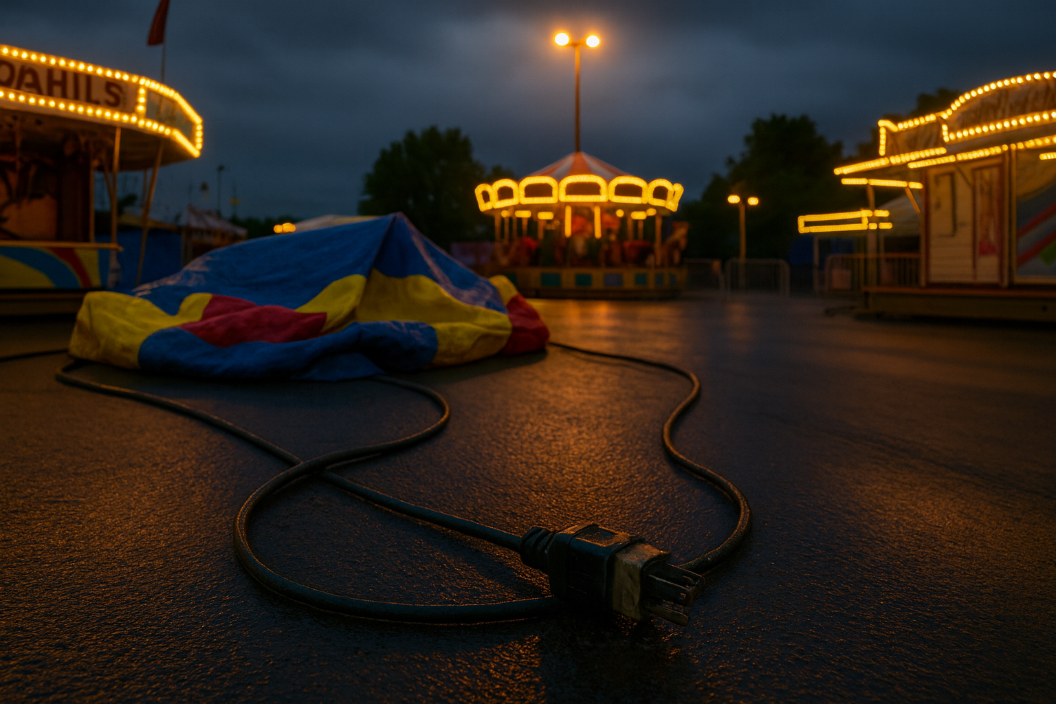 Exposed electrical cables running across the ground at a carnival, creating a public tripping hazard.