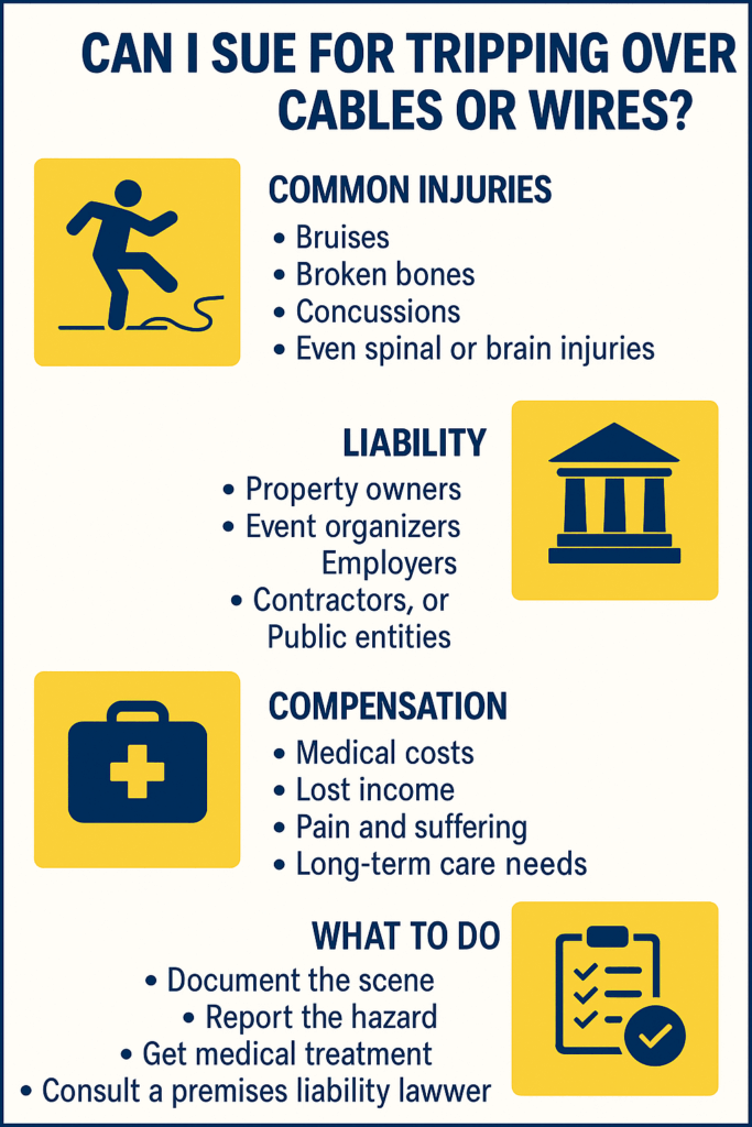 Infographic showing common injuries, liability, compensation, and steps to take after tripping over exposed cables or wires in public