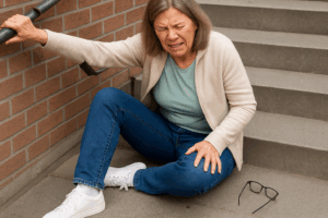 Woman injured in a stairwell accident caused by a loose handrail, highlighting when you can sue for injuries caused by loose handrails.