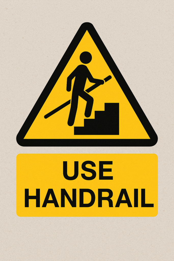 Warning sign reminding people to use a handrail on stairs, illustrating the dangers of loose or unsafe handrails