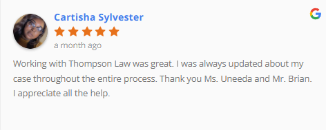 5-star Google review from Cartisha Sylvester: “Always updated about my case—thank you Ms. Uneeda and Mr. Brian.”