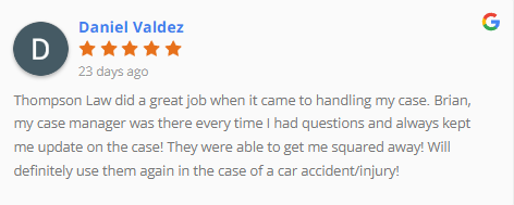 5-star Google review from Daniel Valdez: “Brian kept me updated and got me squared away—would use again after a car accident.”