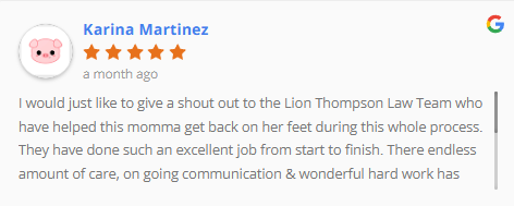 5-star Google review from Karina Martinez praising Thompson Law’s care, communication, and hard work throughout her case.