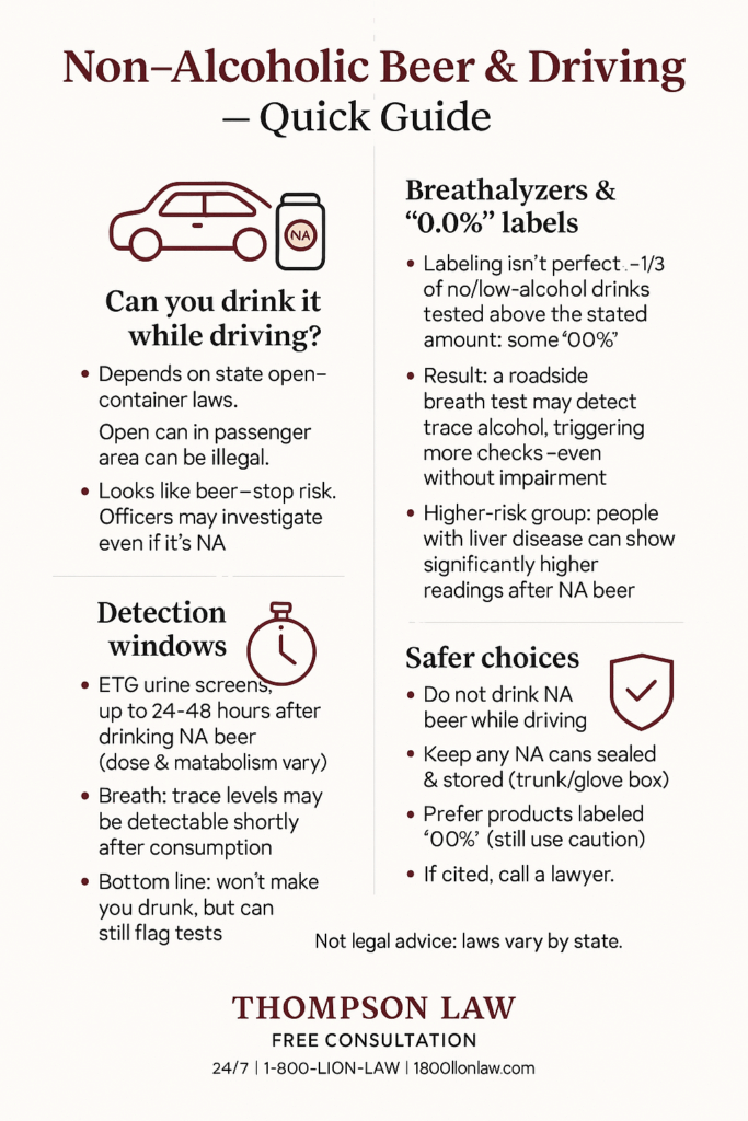 Infographic explaining whether you can you drink non-alcoholic beer while driving, including open container risks, breathalyzer issues, detection windows, and safer choices.