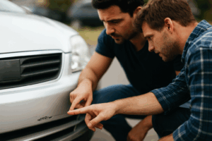 Two drivers inspecting bumper damage after a fender-bender — should i get a lawyer for a minor car accident