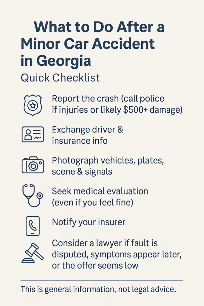 Checklist graphic: what to do after a minor car accident in Georgia — should i get a lawyer for a minor car accident