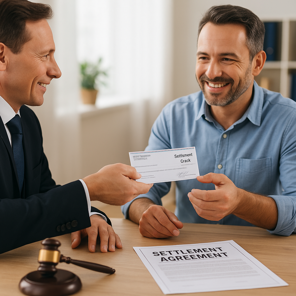 Attorney handing settlement documents to an injured client after winning a personal injury case