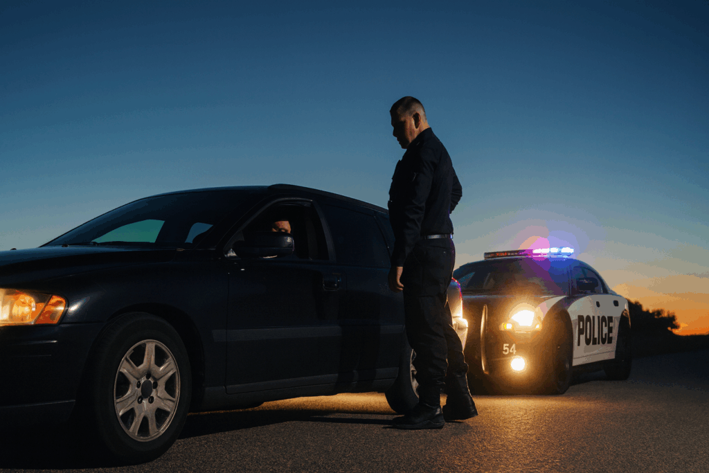Police officer conducts a nighttime traffic stop on a car, highlighting risks of drinking non-alcoholic beer while driving. Can you drink non-alcoholic beer while driving?