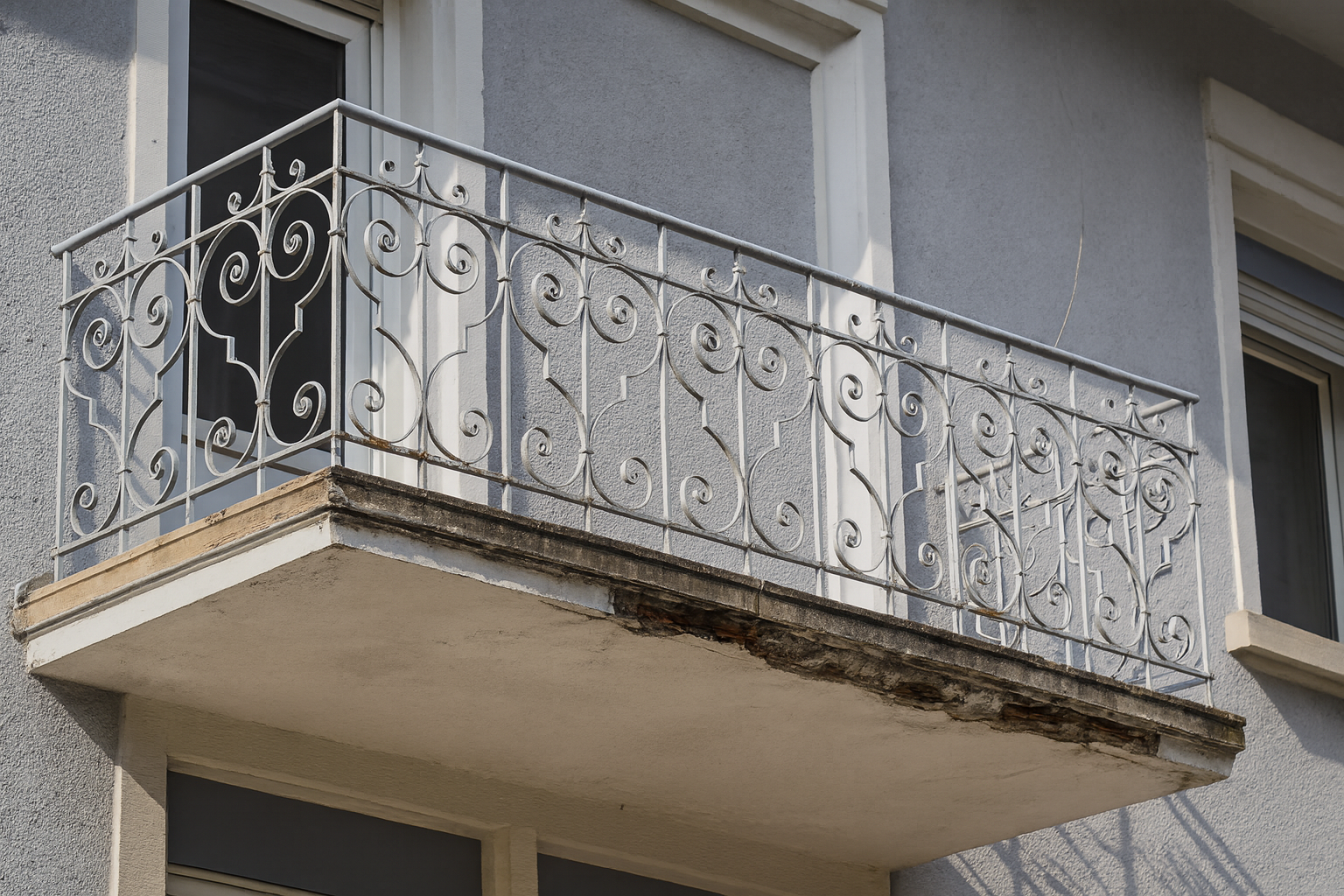 A deteriorating balcony with a loose, rusting metal handrail showing signs of neglect, highlighting a dangerous property condition that could cause serious injuries.