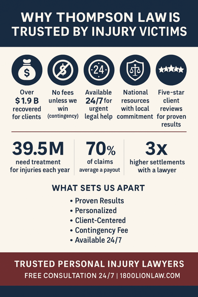 Infographic showing why Thompson Law is trusted by injury victims, highlighting $1.9B recovered, no fees unless we win, 24/7 availability, national resources, and five-star client reviews.