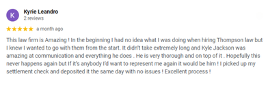 5-star Google review for Thompson Law Dallas by client Kyrie Leandro praising attorney Kyle Jackson for excellent communication and a fast settlement process.