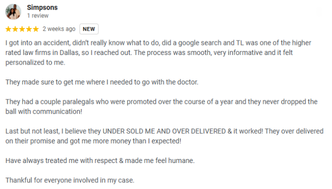 Google review by the Simpsons describing a positive experience with Thompson Law Dallas, praising communication, personal attention, and strong settlement results.