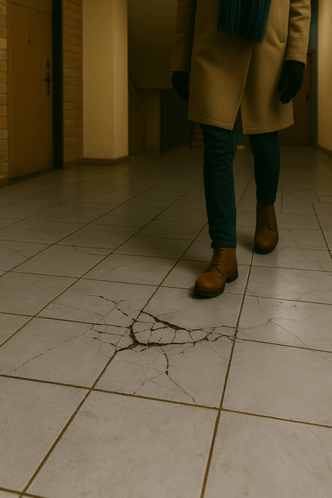 Person walking across cracked and uneven tile flooring in an apartment hallway, representing unsafe conditions that could lead to an apartment complex slip and fall lawsuit.