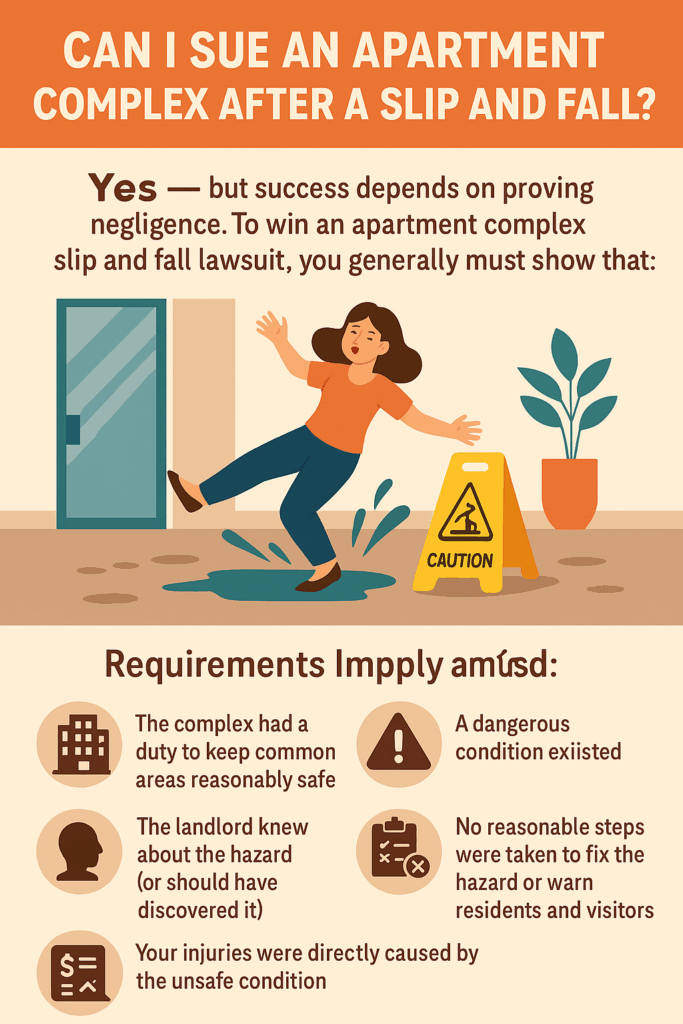 Infographic showing the key steps in an apartment complex slip and fall lawsuit, including duty of care, hazards, landlord negligence, and injury damages.