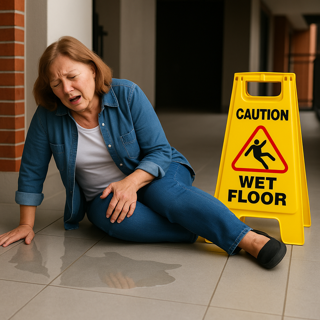 Woman injured from a wet floor accident in an apartment complex, representing an apartment complex slip and fall lawsuit.