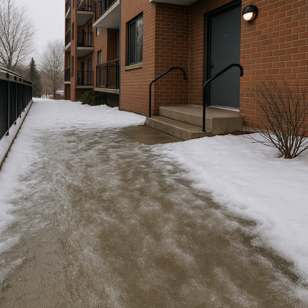 Man sitting injured on stairs next to a warning sign after a fall, illustrating an apartment complex slip and fall lawsuit scenario.