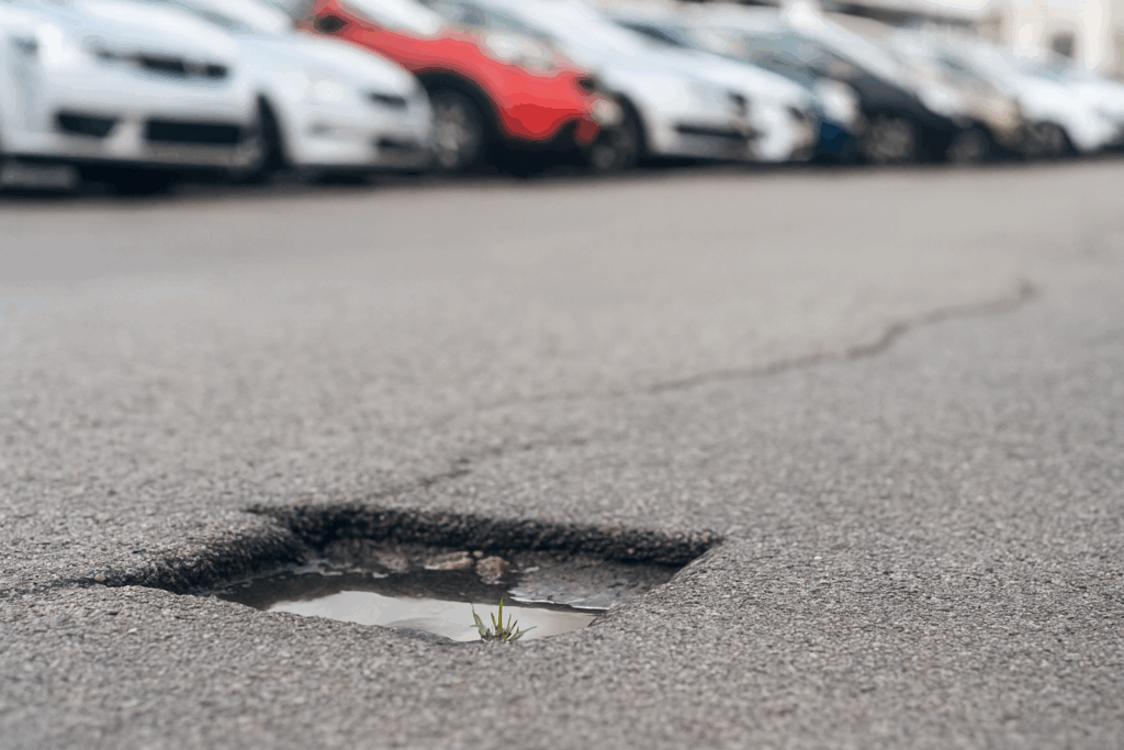 Are business owners liable for parking lot potholes shown with a close-up of cracked asphalt and cars parked in the background.