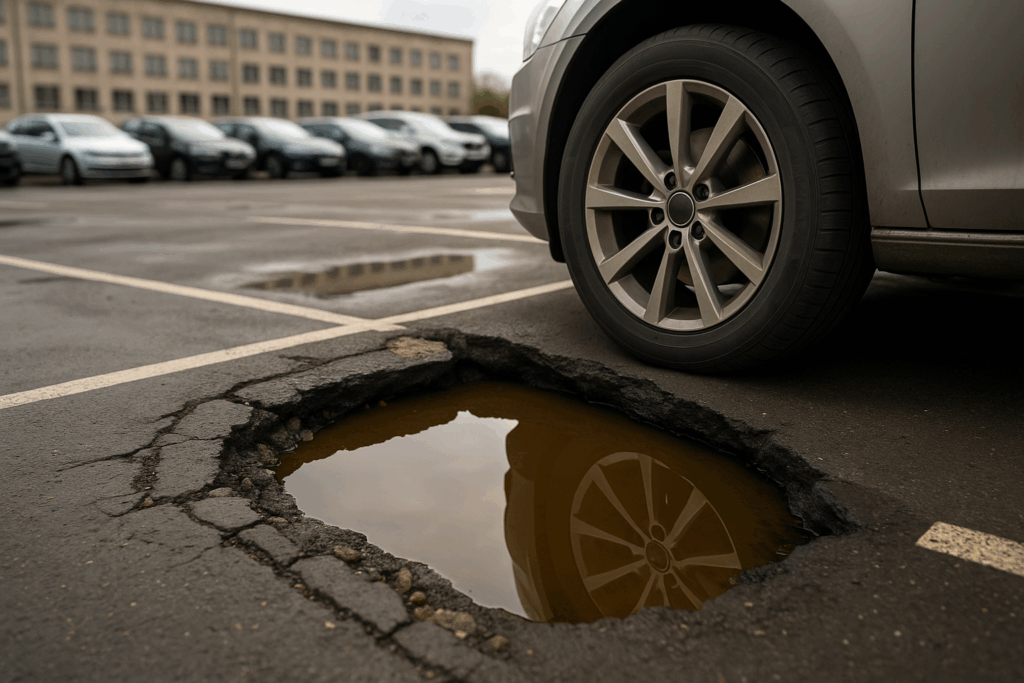 Are business owners liable for parking lot potholes shown with a car parked beside a large water-filled pothole in cracked asphalt.
