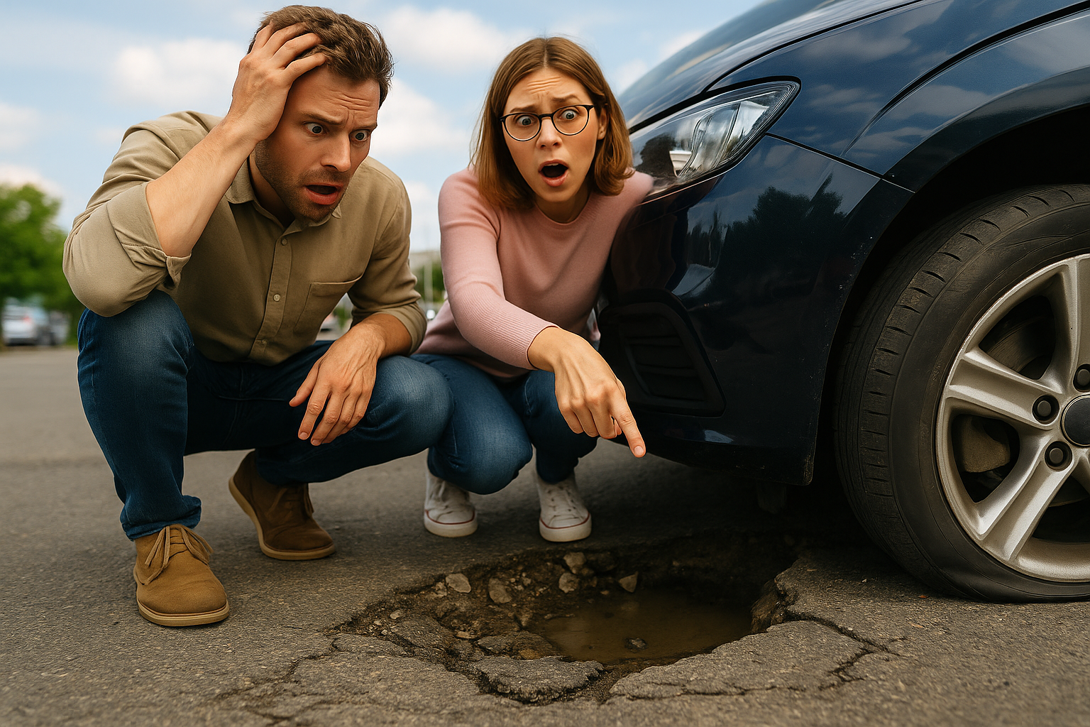 Are Business Owners Liable for Parking Lot Potholes – couple inspecting flat tire and rim damage caused by a pothole in a parking lot.
