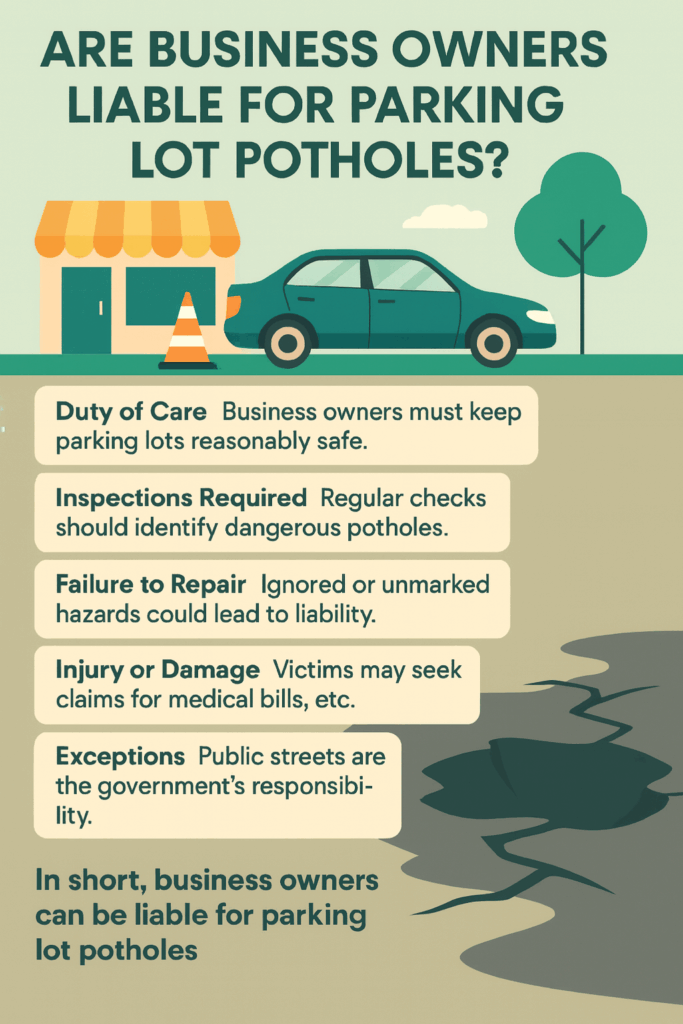 Infographic showing liability factors for parking lot potholes and answering the question: Are Business Owners Liable for Parking Lot Potholes.