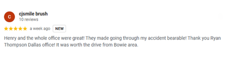 5-star Google review for Thompson Law’s Dallas office thanking Henry and the team for compassionate service after a car accident.