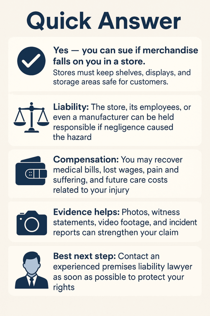Infographic showing legal steps and compensation options if you are injured by falling merchandise in a store.