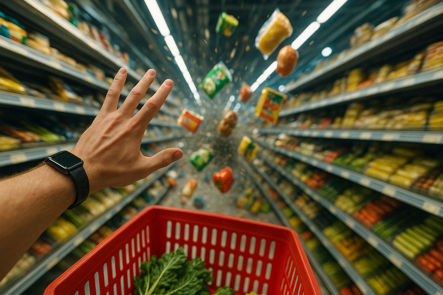 Shopper injured by falling merchandise as a stack of cereal boxes collapses in a grocery store aisle