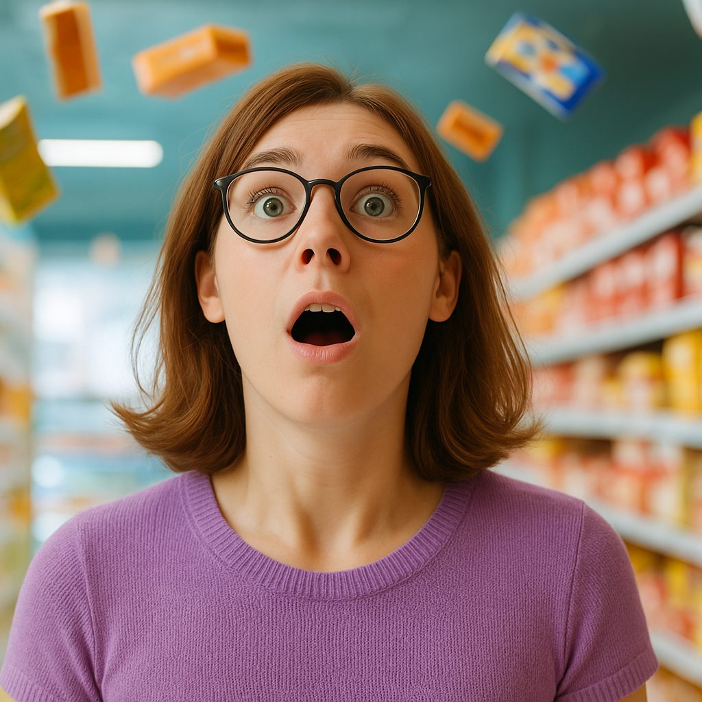 Woman shocked in supermarket aisle as items fall, representing risk of being injured by falling merchandise.