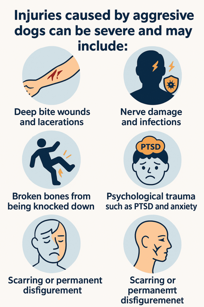 Infographic of injuries caused by aggressive dogs including bite wounds, nerve damage, broken bones, PTSD, and permanent disfigurement. Learn more about California dog bite laws.
