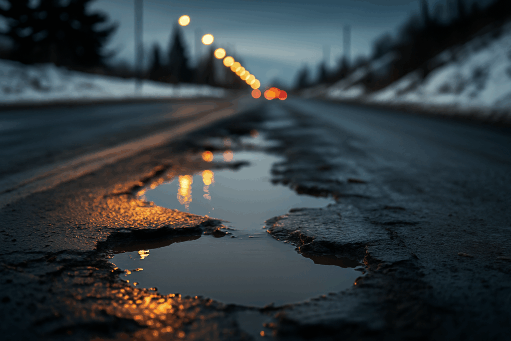 Pothole damages my vehicle in Georgia — large water-filled pothole on a damaged road surface causing car repair and liability issues.