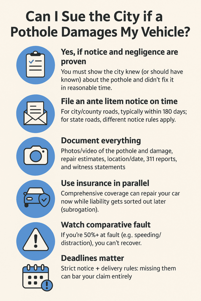 Infographic showing the legal process and insurance options when a pothole damages my vehicle in Georgia, including negligence, notice rules, and deadlines.