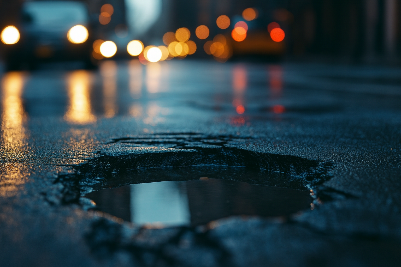 Large pothole in the road causing vehicle damage with blurred traffic lights in background