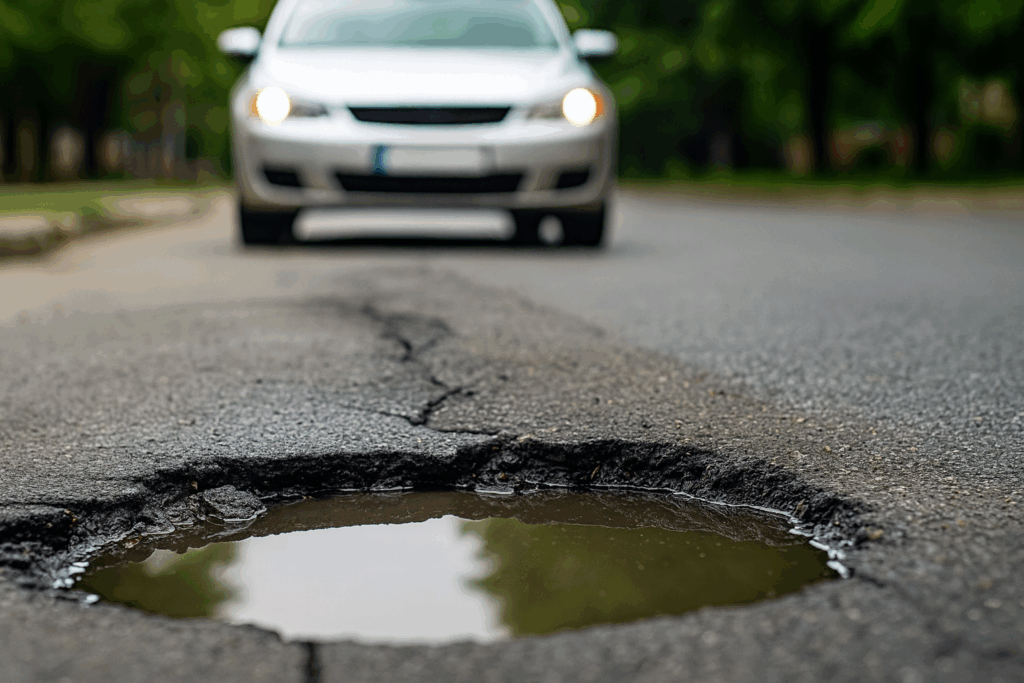 Pothole damages my vehicle in Georgia with car approaching on cracked asphalt road.