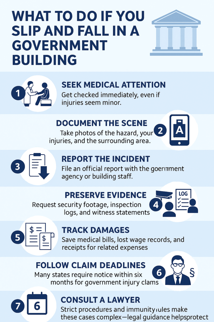 Infographic showing what to do after a slip and fall in a government building with seven key legal and medical steps.